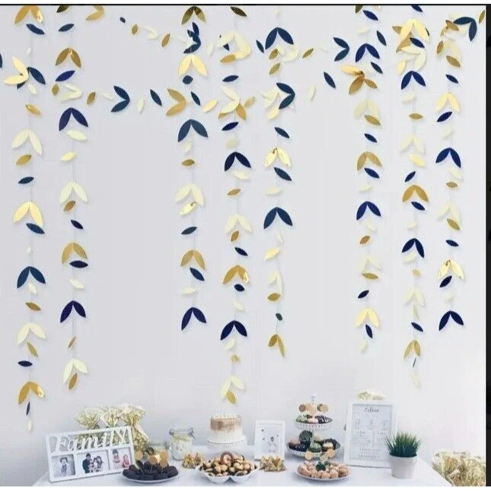 4 Piece Navy Blue Gold Party Decoration Decor Leaf Garland Paper Banner Hanging